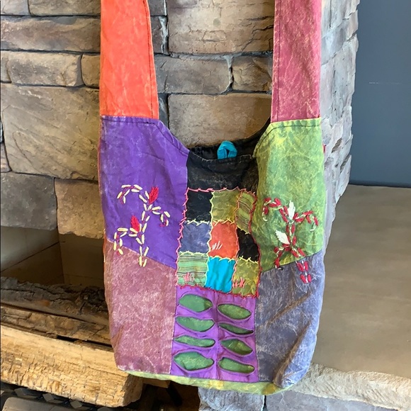 Nepal Hippie Satchel | Large Vibrant Stitched Patch Purse | Bucket Bag Colorful - Picture 5 of 8
